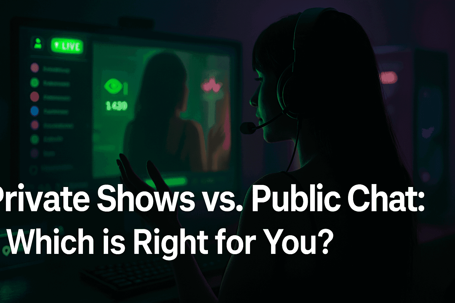 Split image showing a private chat setting and a lively public chat scene, illustrating different online interaction styles.