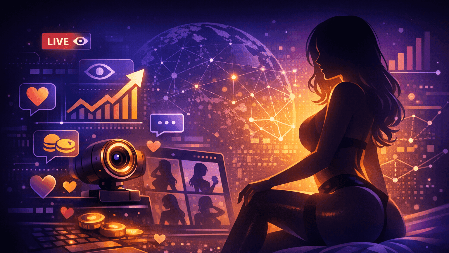An abstract representation of digital connections and technology in adult entertainment, symbolizing the future of live cam sites.